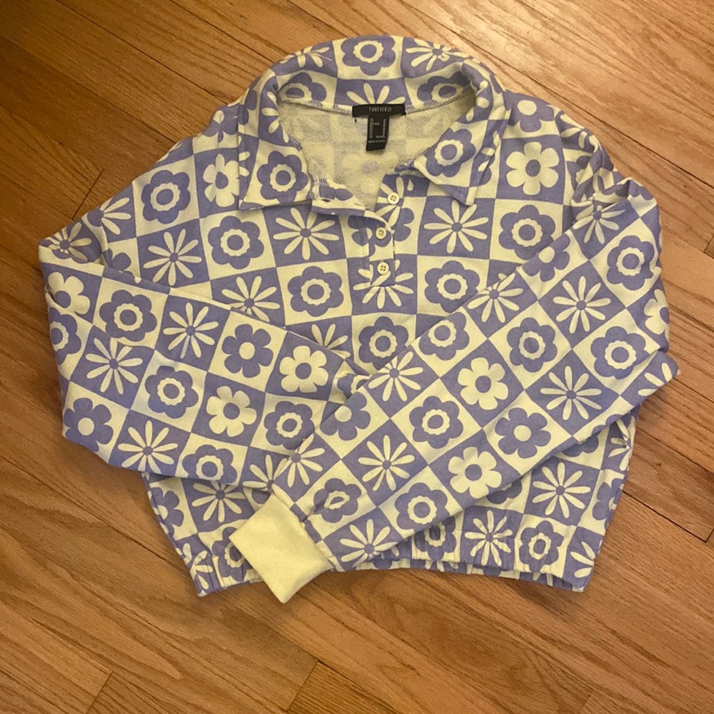 ⋆｡°✩ forever 21 cropped shirt, yellow and purple flower checkerboard ⋆｡°✩